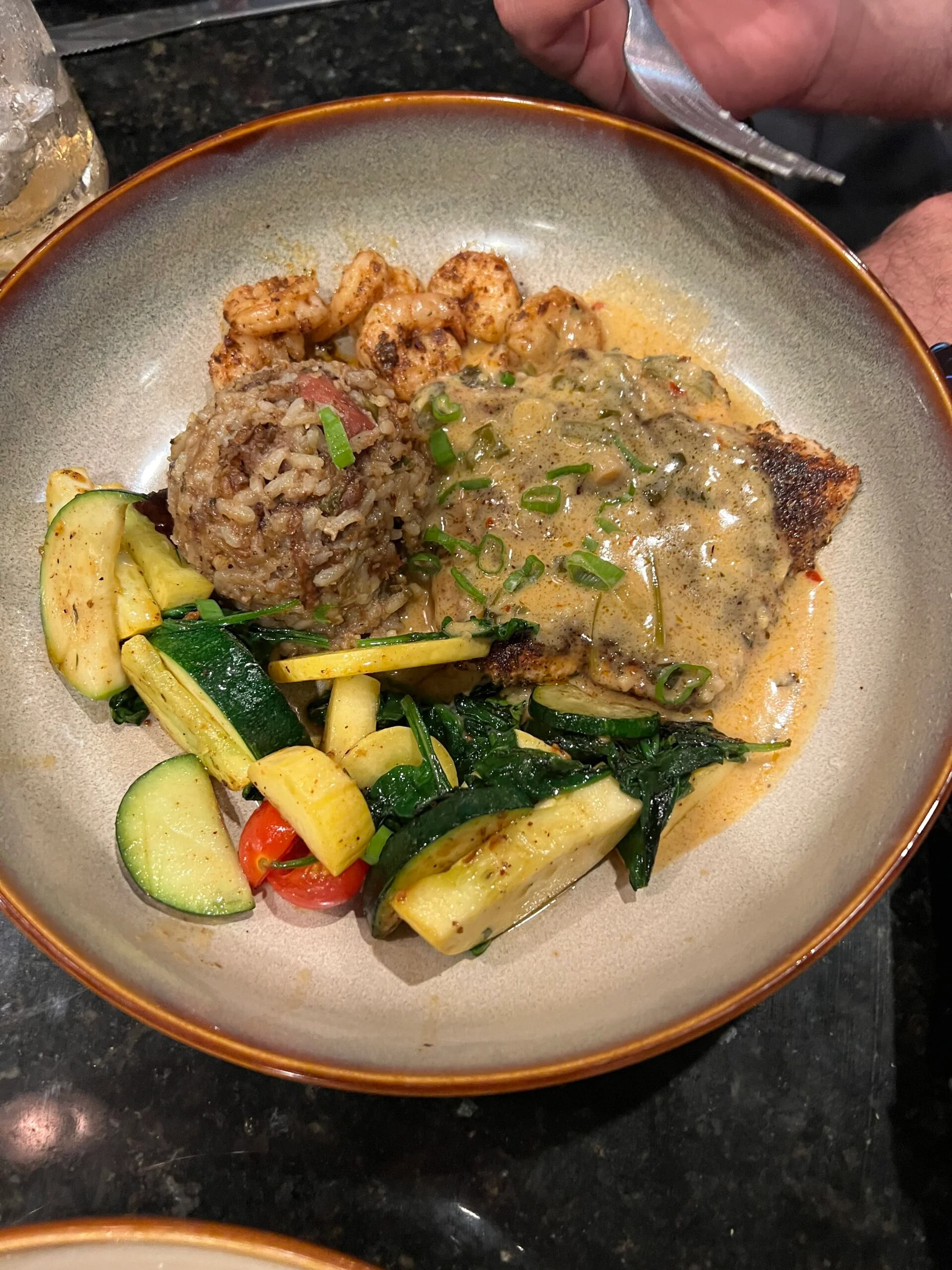 salmon with cream sauce and gulf shrimp