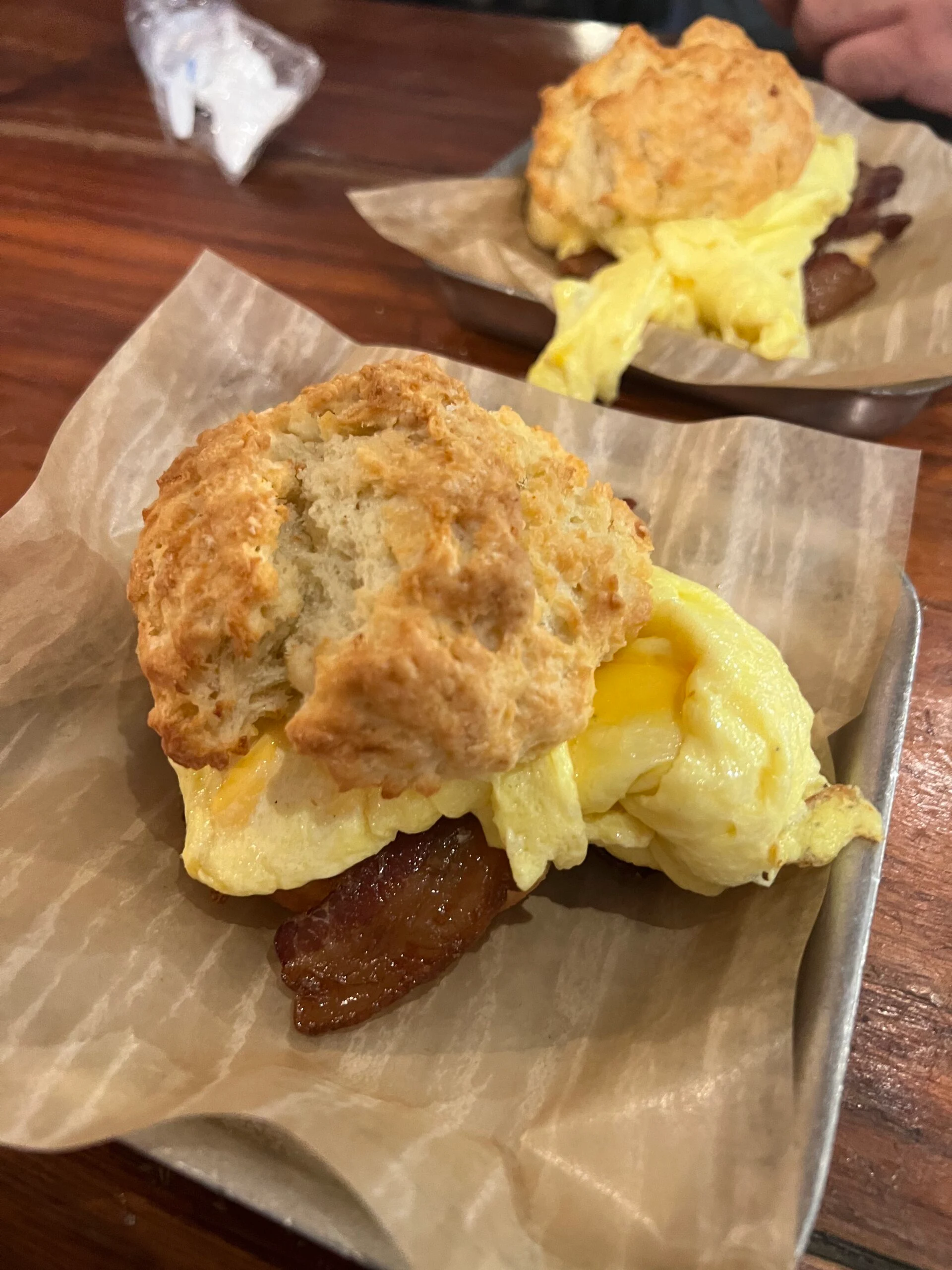 Drop biscuit with egg, bacon and cheese from district donuts