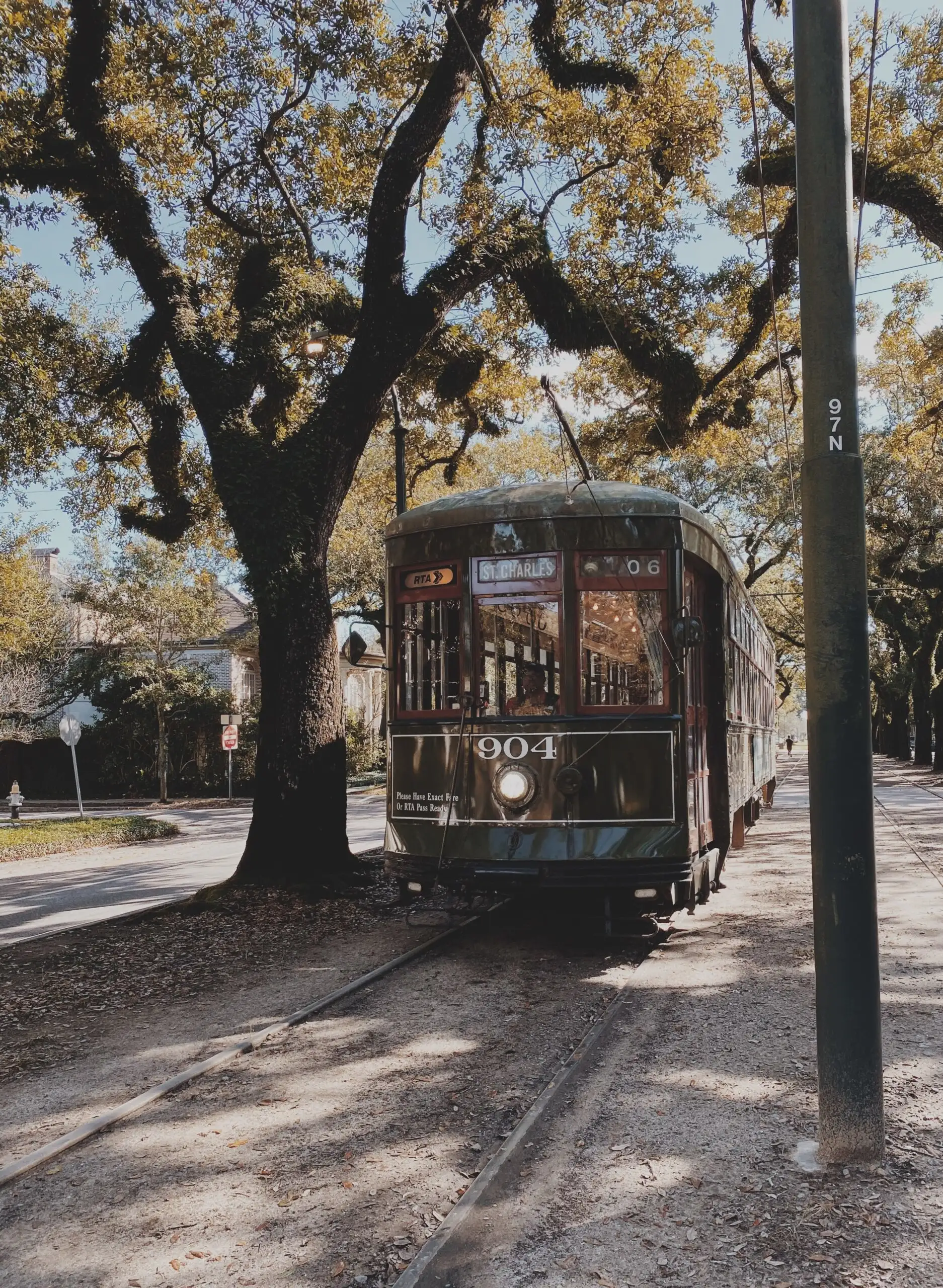 St Charles Street Car on a line in the Garden District of New Orleans